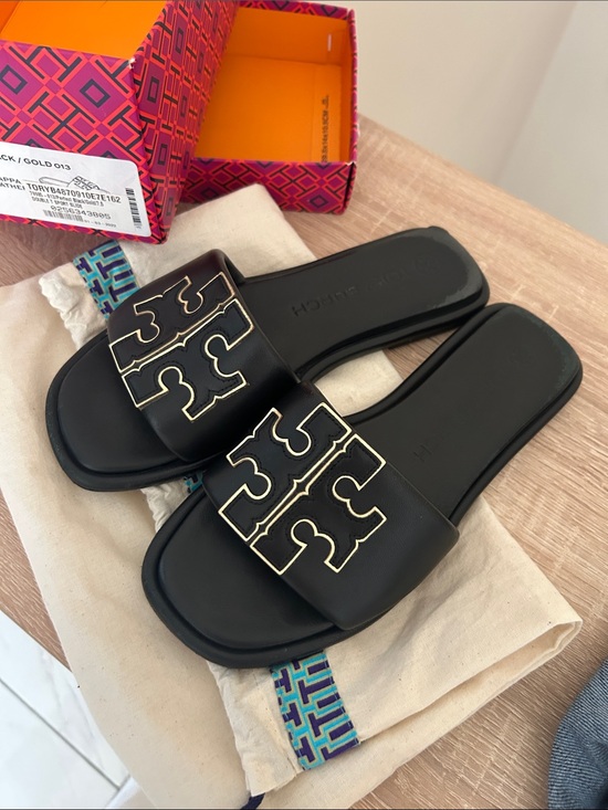 Tory Burch Shoes - Tory Burch Black Slides with Gold-Trim Logo